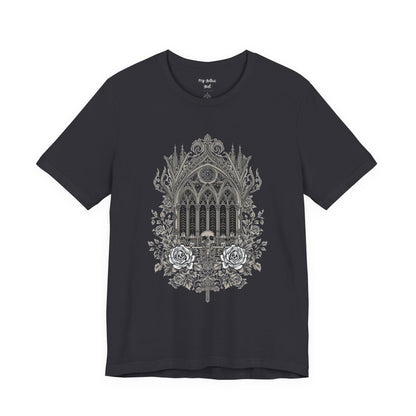Gothic Cathedral Floral Tee — Intricate Rose Window Graphic T-Shirt
