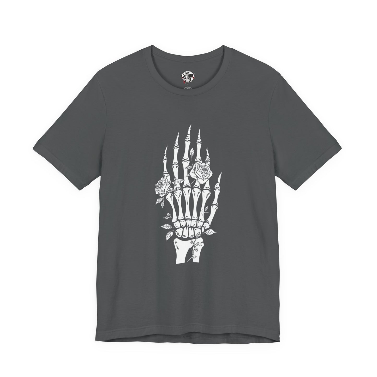 White Roses and Skeleton Hand  Gothic Graphic T-Shirt – Alt Aesthetic Poetic Goth Streetwear