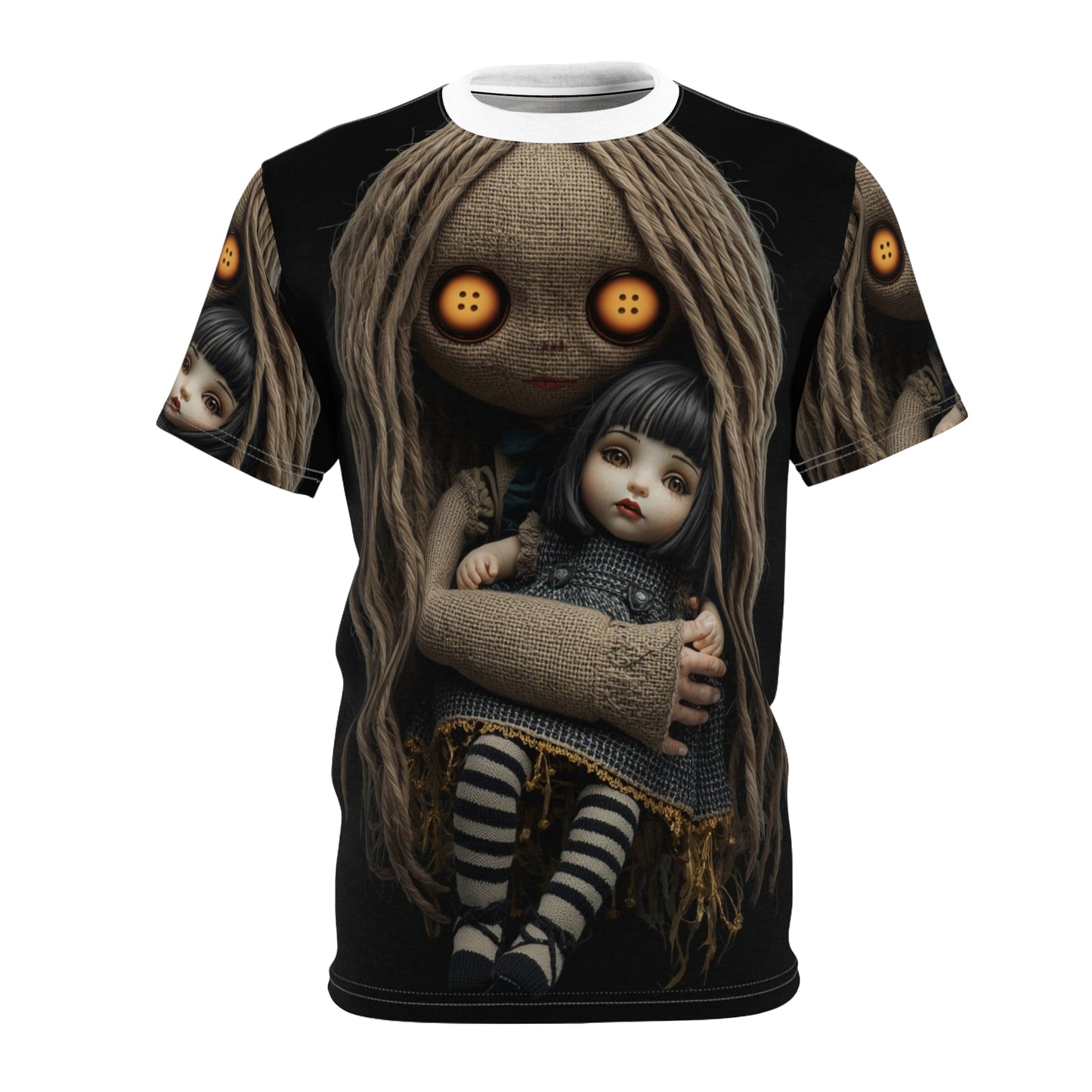 Gunny Sack Doll with Toy Gothic Doll | Horror All-Over Print T‑Shirt