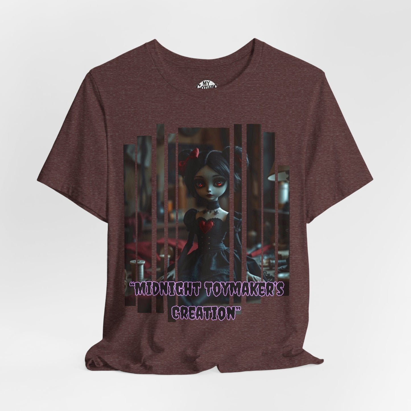 “Midnight Toy-maker's Creation” —hand-stitched Gothic doll Graphic T-Shirt – Alt Aesthetic Poetic Goth Street-wear