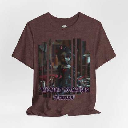 “Midnight Toy-maker's Creation” —hand-stitched Gothic doll Graphic T-Shirt – Alt Aesthetic Poetic Goth Street-wear