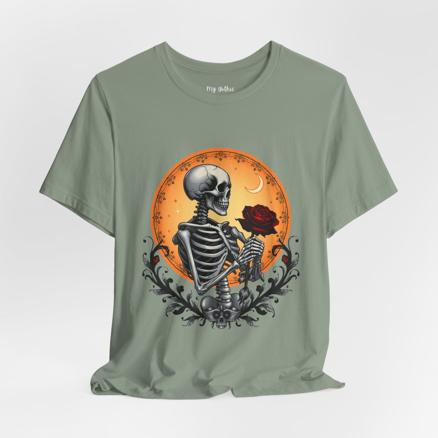 Mystical Gothic Skeleton and Black Rose Under Crescent Moon T-Shirt Design