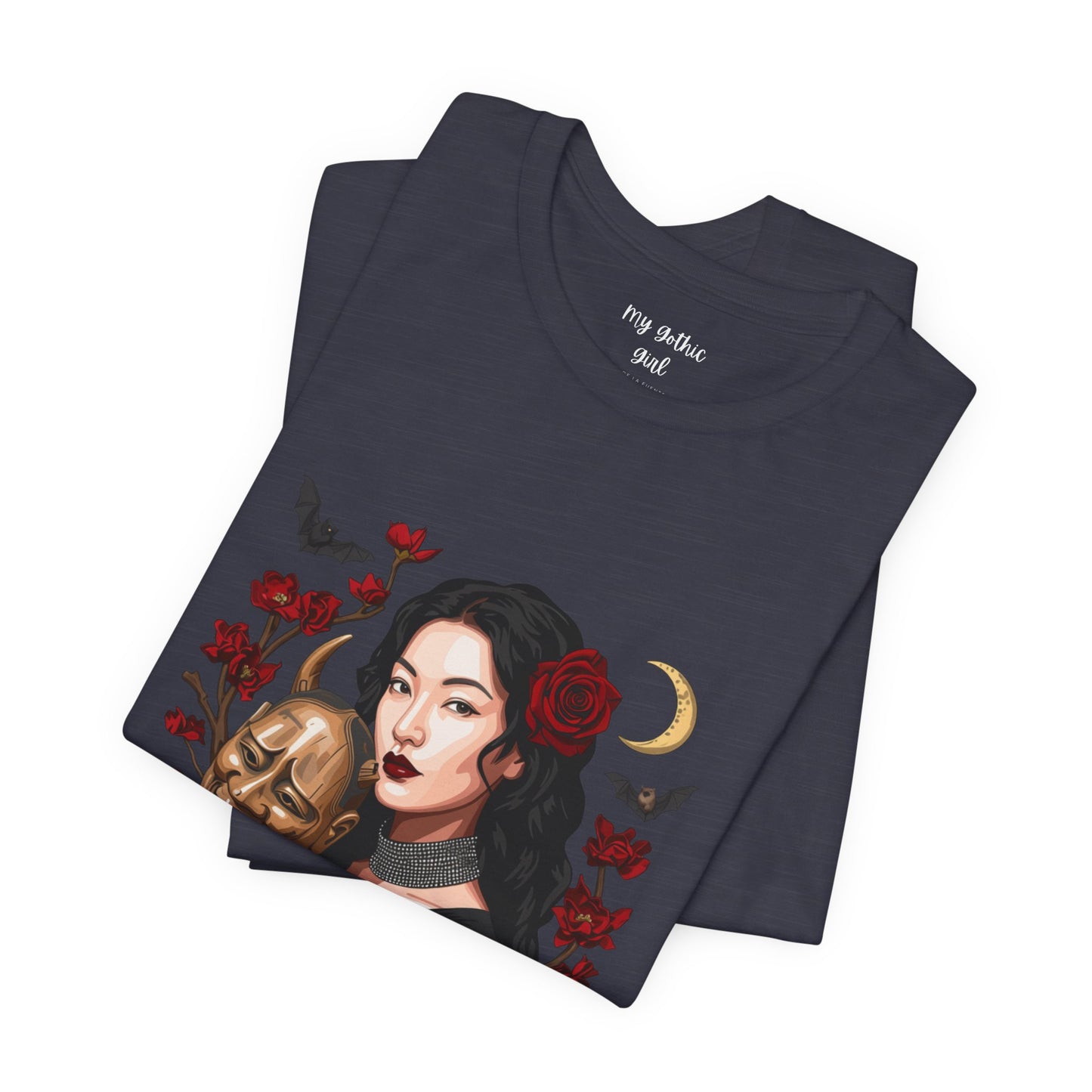 Gothic Rose Maiden Tee — Woman with Mask & Crescent Moon Graphic T-Shirt