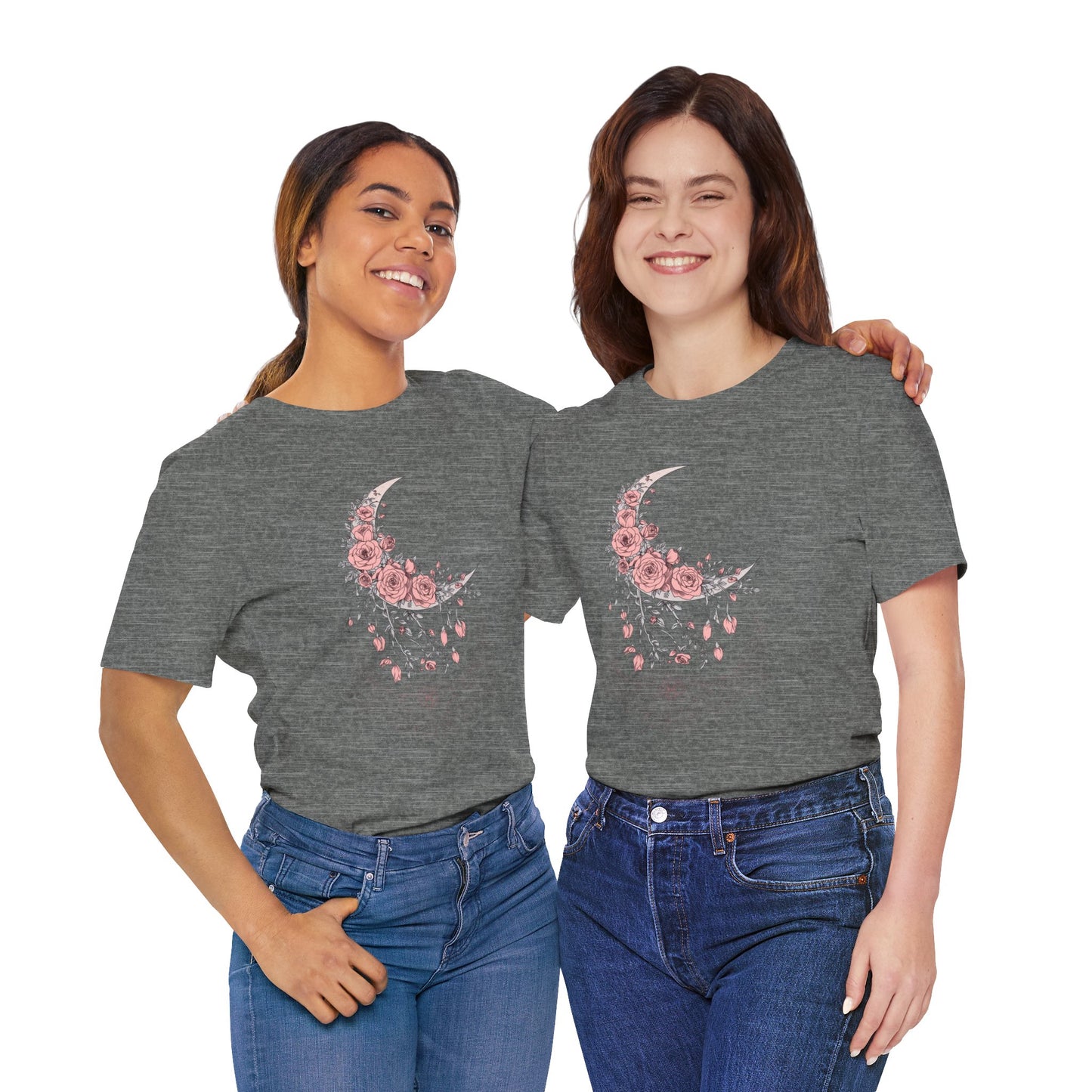 Celestial Goth Crescent Moon Tee with Dripping Florals – Mystic Graphic Art