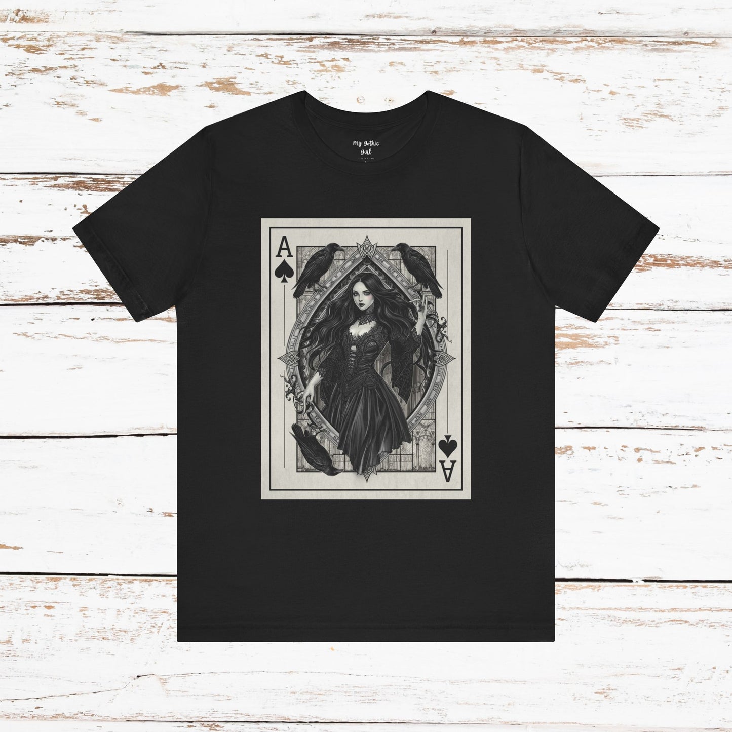 Ace of Spades Gothic Playing Card T‑Shirt — Dark Victorian Witch Illustration