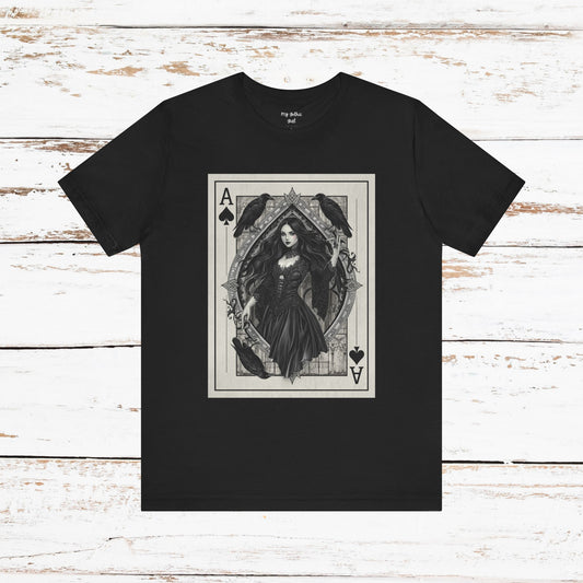 Ace of Spades Gothic Playing Card T‑Shirt — Dark Victorian Witch Illustration