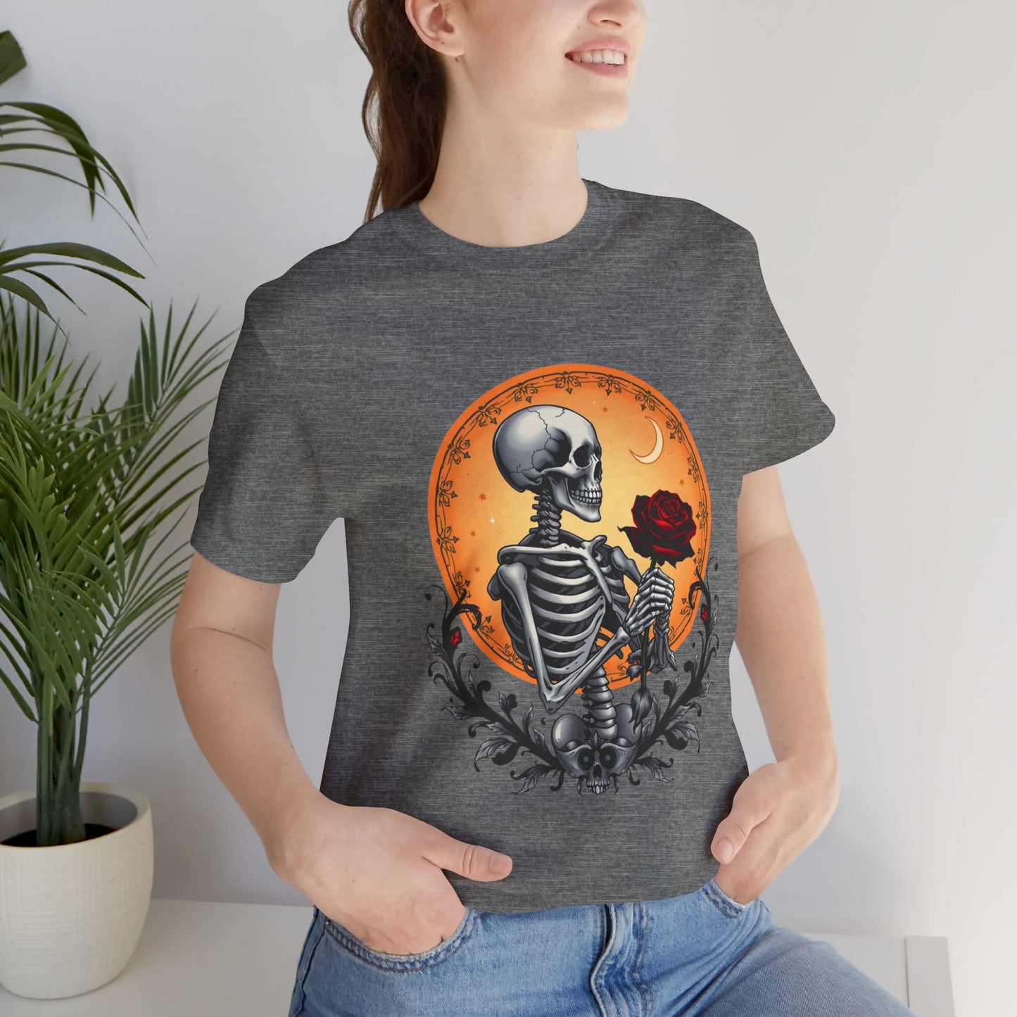 Mystical Gothic Skeleton and Black Rose Under Crescent Moon T-Shirt Design
