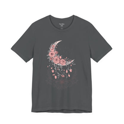 Celestial Goth Crescent Moon Tee with Dripping Florals – Mystic Graphic Art