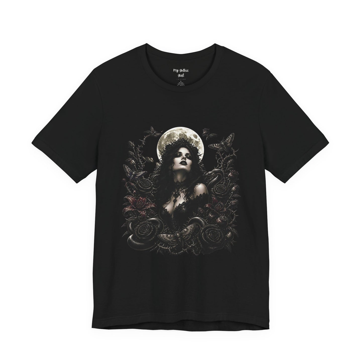 Gothic Moon Goddess Tee – Dark Floral Occult Graphic T-Shirt