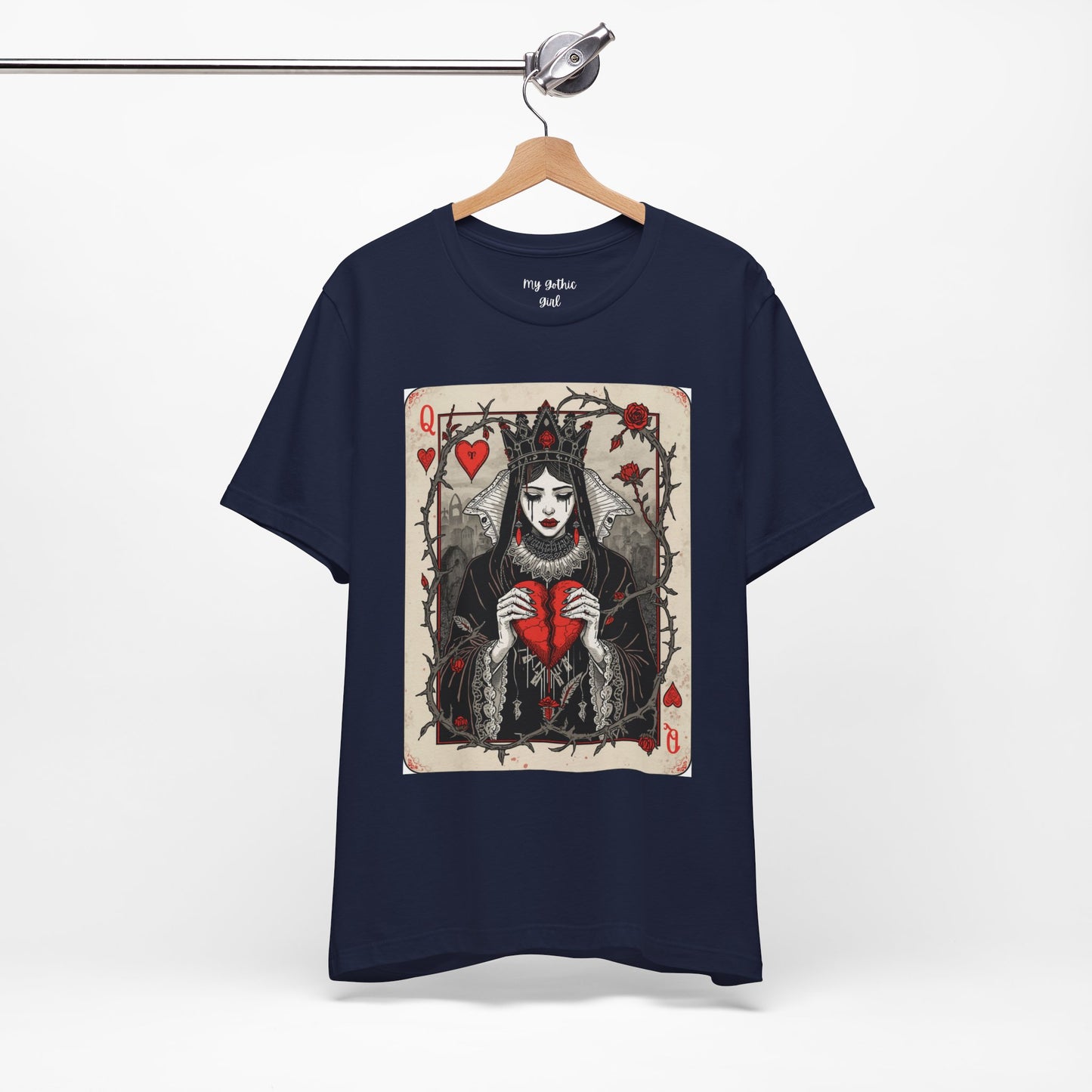 Queen of Hearts Playing Card T-Shirt — Gothic Rose Broken Heart Graphic Tee