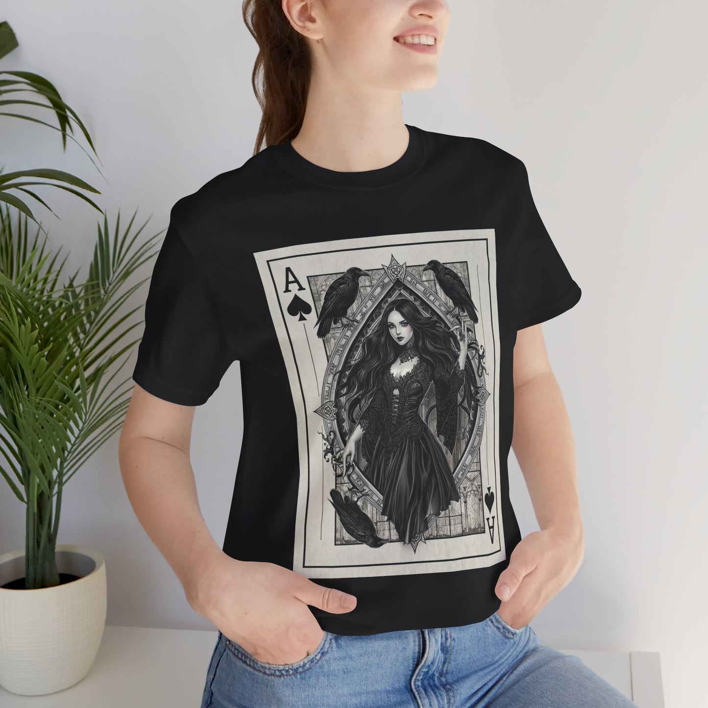 Ace of Spades Gothic Playing Card T‑Shirt — Dark Victorian Witch Illustration
