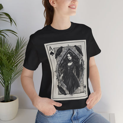 Ace of Spades Gothic Playing Card T‑Shirt — Dark Victorian Witch Illustration