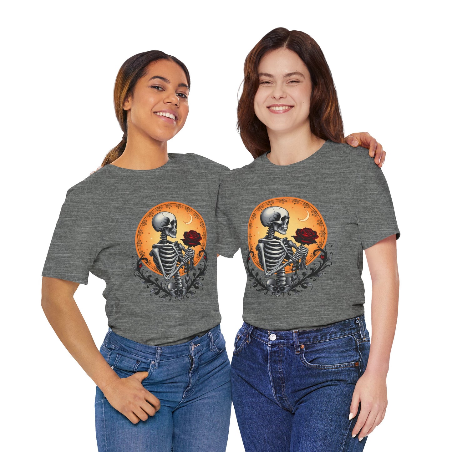 Mystical Gothic Skeleton and Black Rose Under Crescent Moon T-Shirt Design