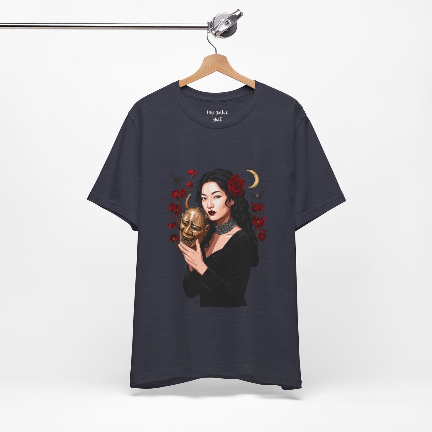 Gothic Rose Maiden Tee — Woman with Mask & Crescent Moon Graphic T-Shirt