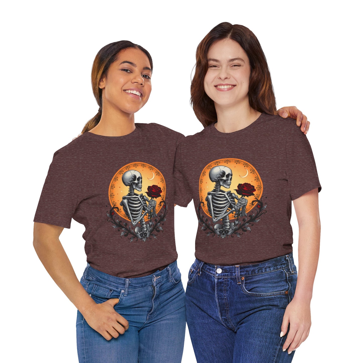 Mystical Gothic Skeleton and Black Rose Under Crescent Moon T-Shirt Design