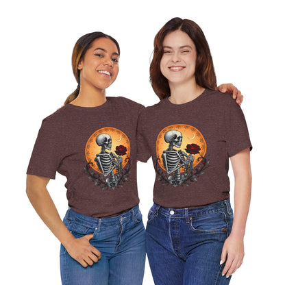 Mystical Gothic Skeleton and Black Rose Under Crescent Moon T-Shirt Design