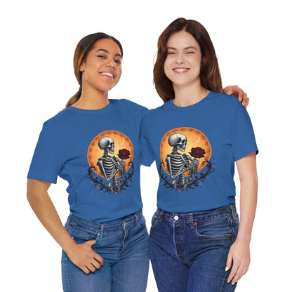 Mystical Gothic Skeleton and Black Rose Under Crescent Moon T-Shirt Design