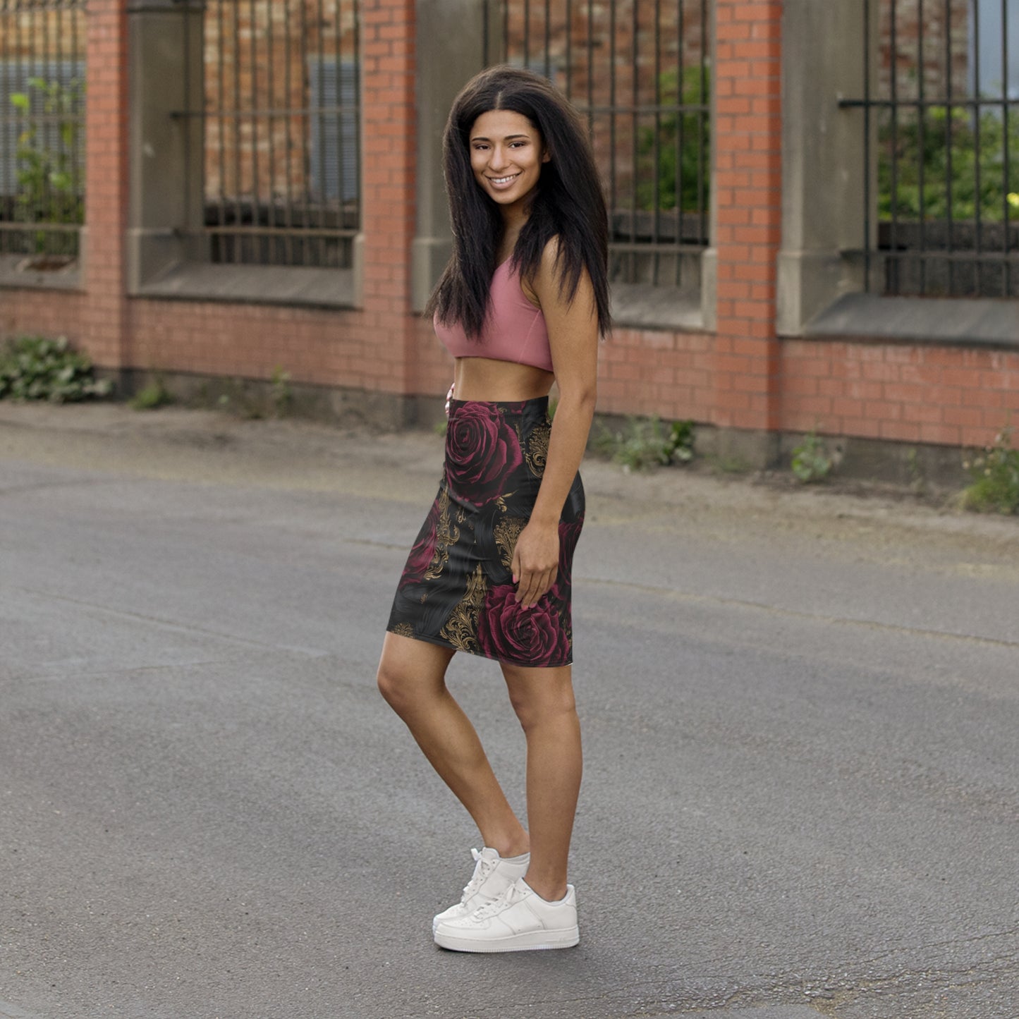 Baroque Rose Pencil Skirt — Floral Gothic Mid‑Waist Fashion