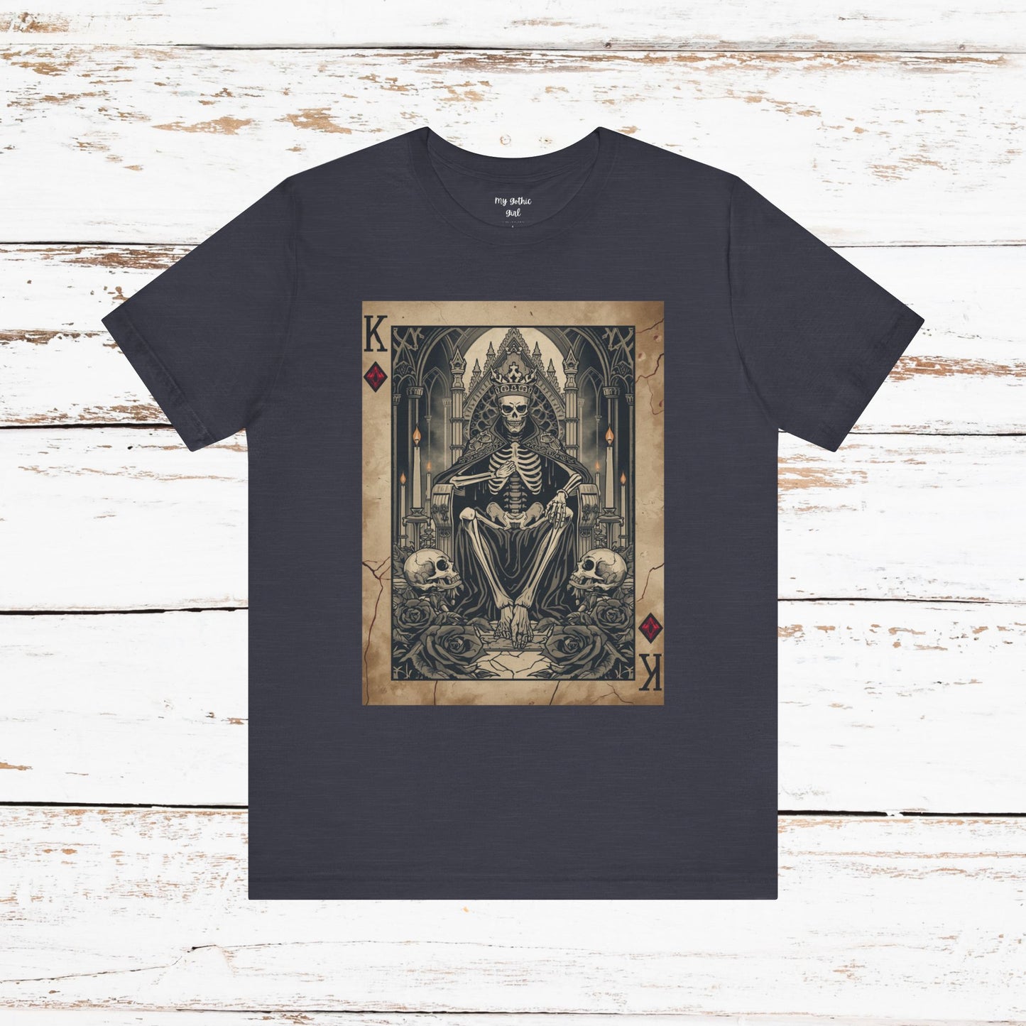 Skeleton King Playing Card Graphic Tee — Gothic Skull Throne T-Shirt