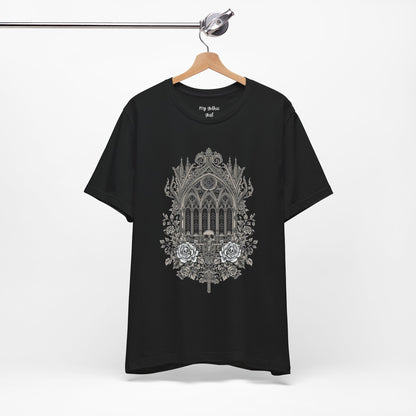 Gothic Cathedral Floral Tee — Intricate Rose Window Graphic T-Shirt