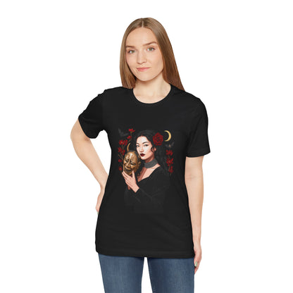 Gothic Rose Maiden Tee — Woman with Mask & Crescent Moon Graphic T-Shirt
