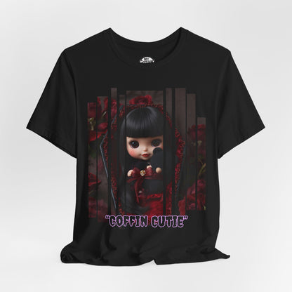 “Coffin Cutie” — cute Gothic doll peeking out from a small coffin Graphic T-Shirt – Alt Aesthetic Poetic Goth Street-wear