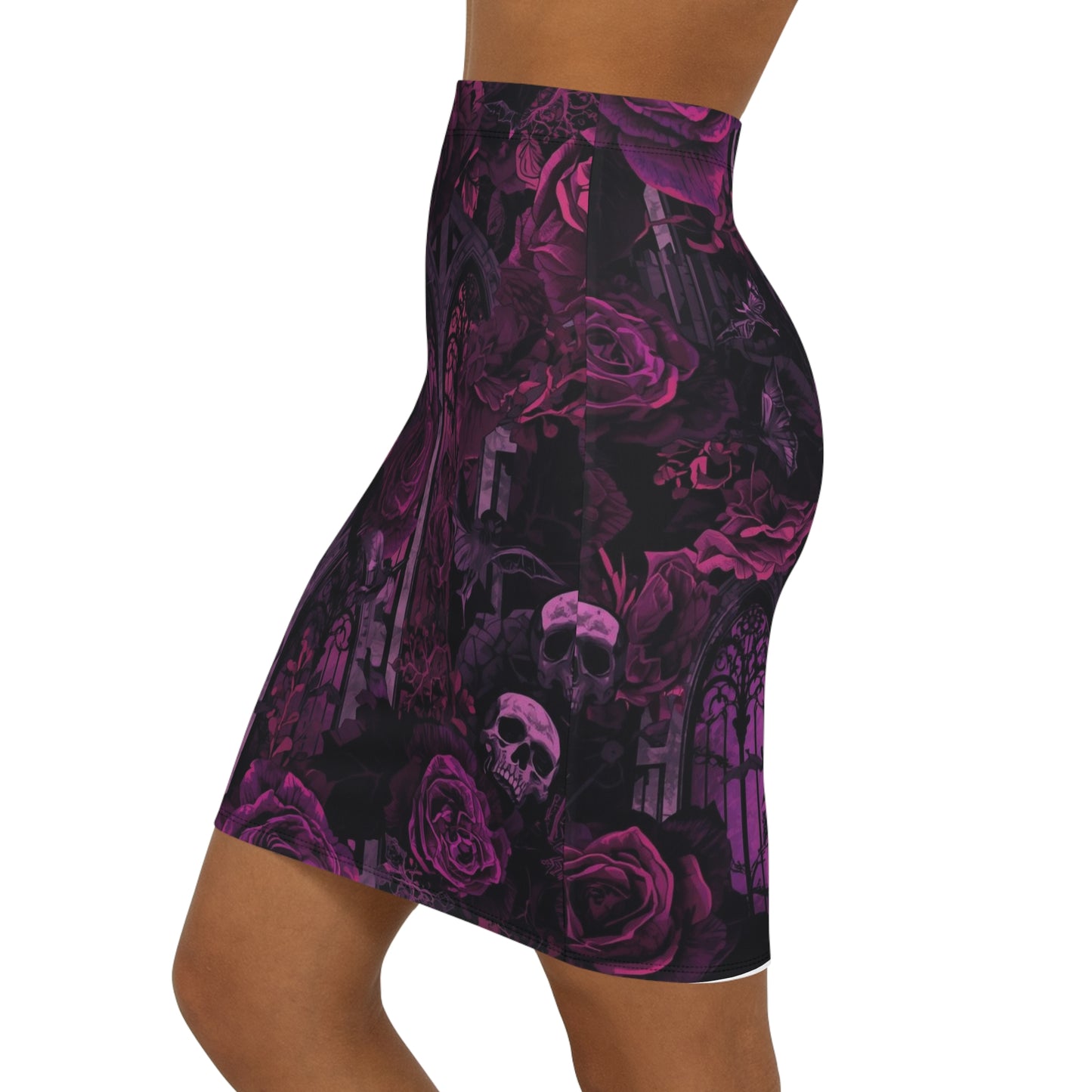 Gothic Rose Pencil Skirt — Purple Victorian Window Floral Print