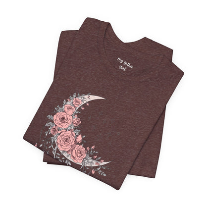Celestial Goth Crescent Moon Tee with Dripping Florals – Mystic Graphic Art
