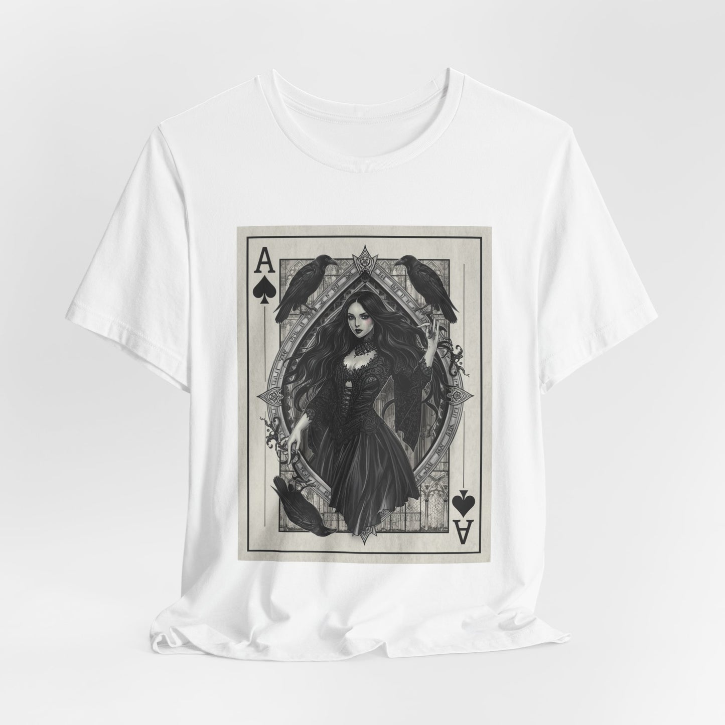 Ace of Spades Gothic Playing Card T‑Shirt — Dark Victorian Witch Illustration