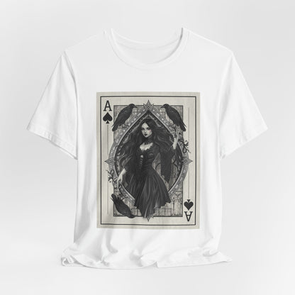 Ace of Spades Gothic Playing Card T‑Shirt — Dark Victorian Witch Illustration