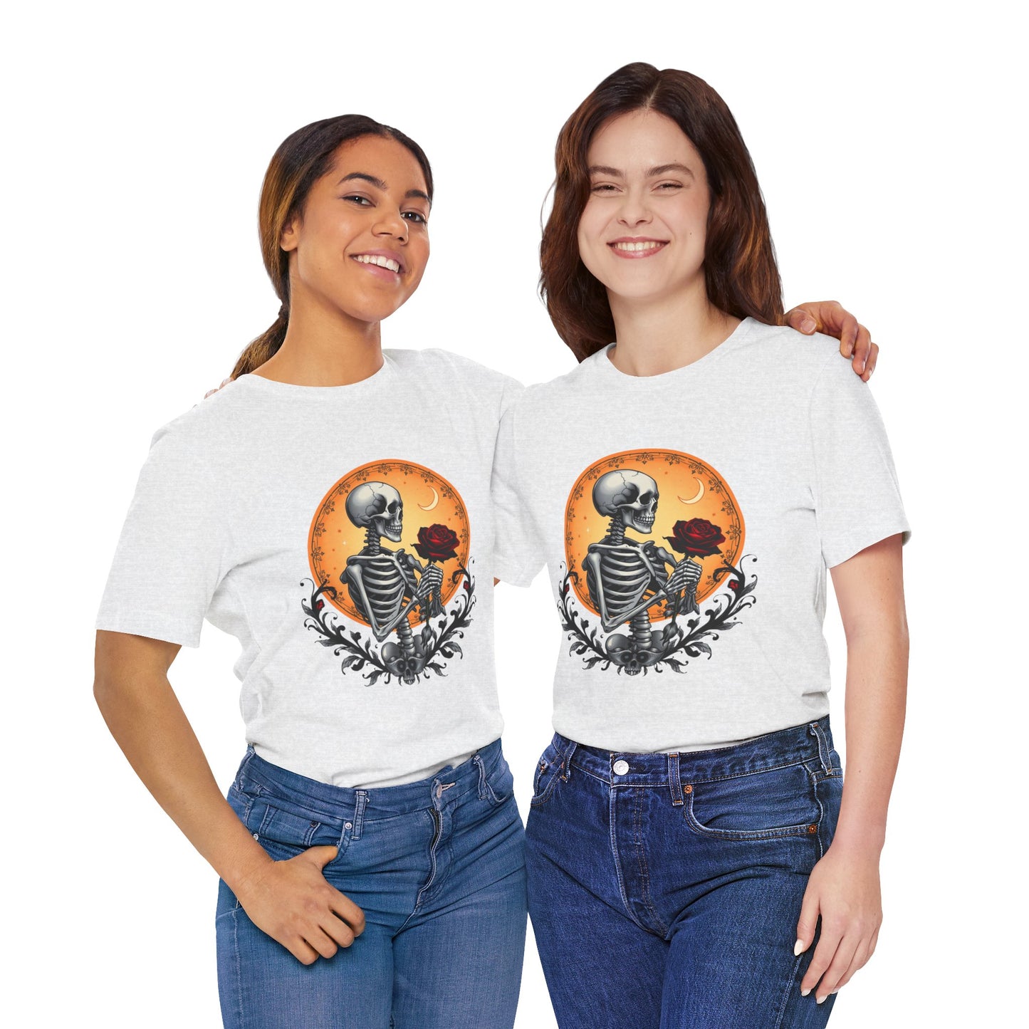 Mystical Gothic Skeleton and Black Rose Under Crescent Moon T-Shirt Design