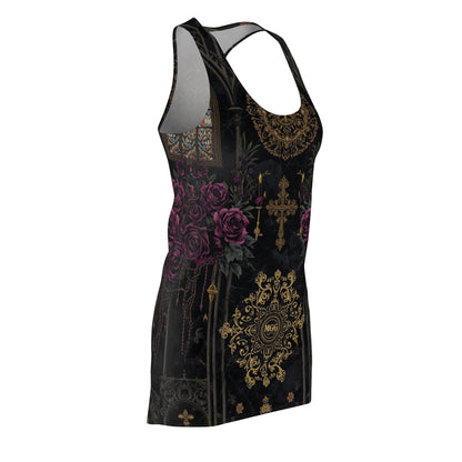 Gothic Rose Racerback Dress — Gold Cross & Velvet Floral AOP