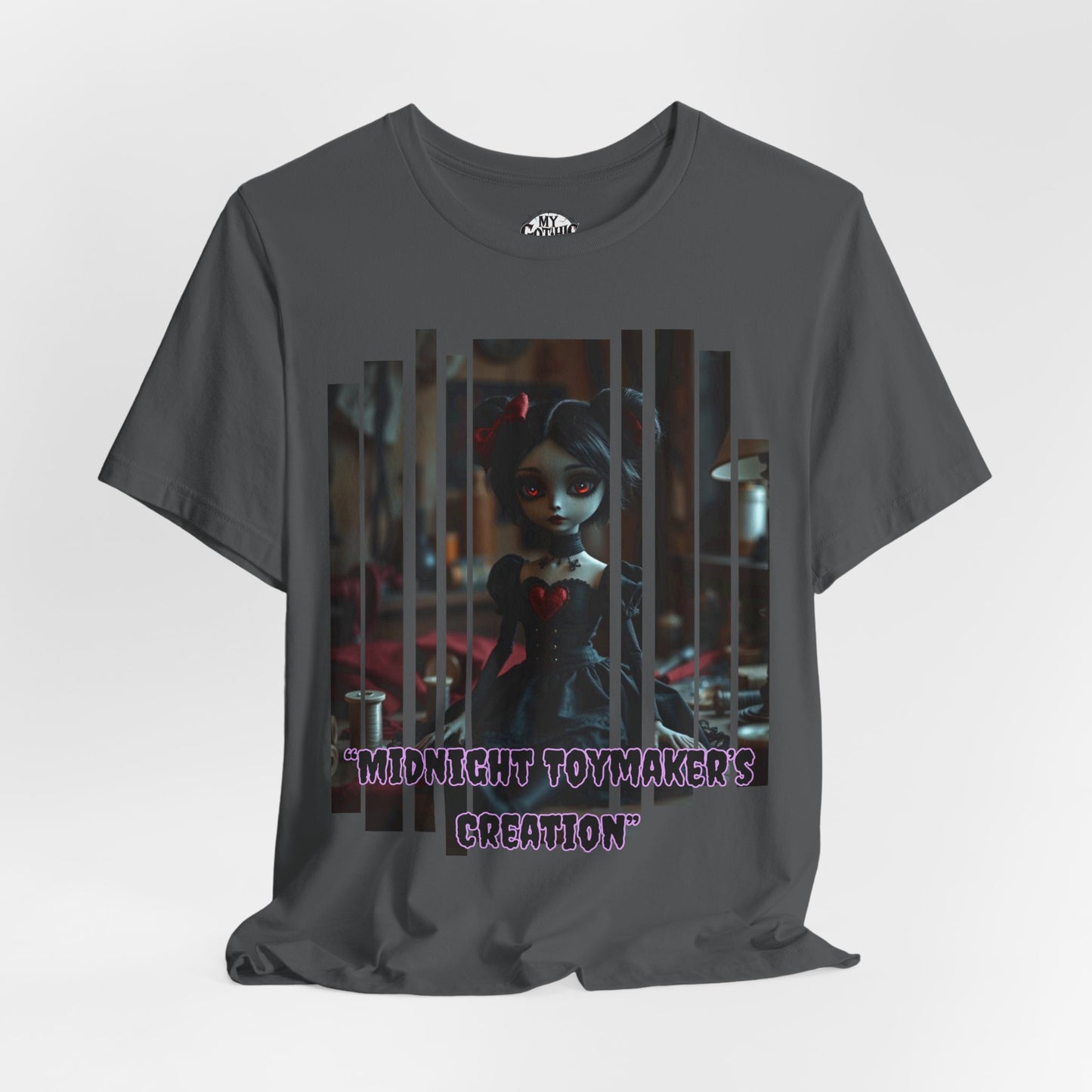 “Midnight Toy-maker's Creation” —hand-stitched Gothic doll Graphic T-Shirt – Alt Aesthetic Poetic Goth Street-wear