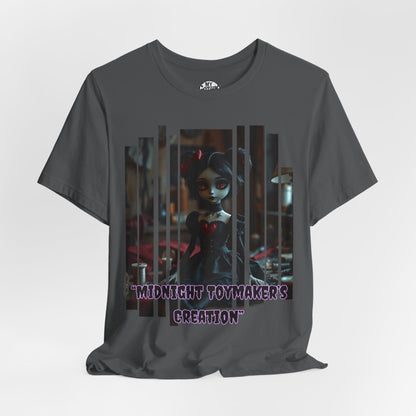 “Midnight Toy-maker's Creation” —hand-stitched Gothic doll Graphic T-Shirt – Alt Aesthetic Poetic Goth Street-wear