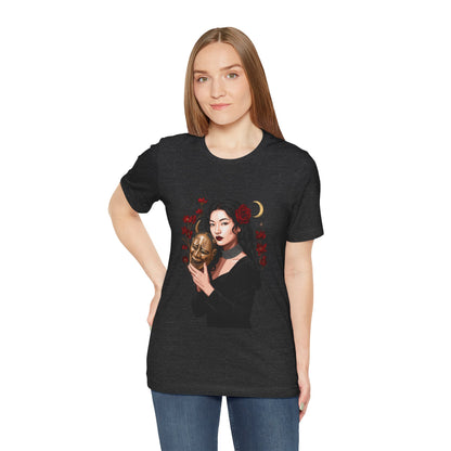Gothic Rose Maiden Tee — Woman with Mask & Crescent Moon Graphic T-Shirt