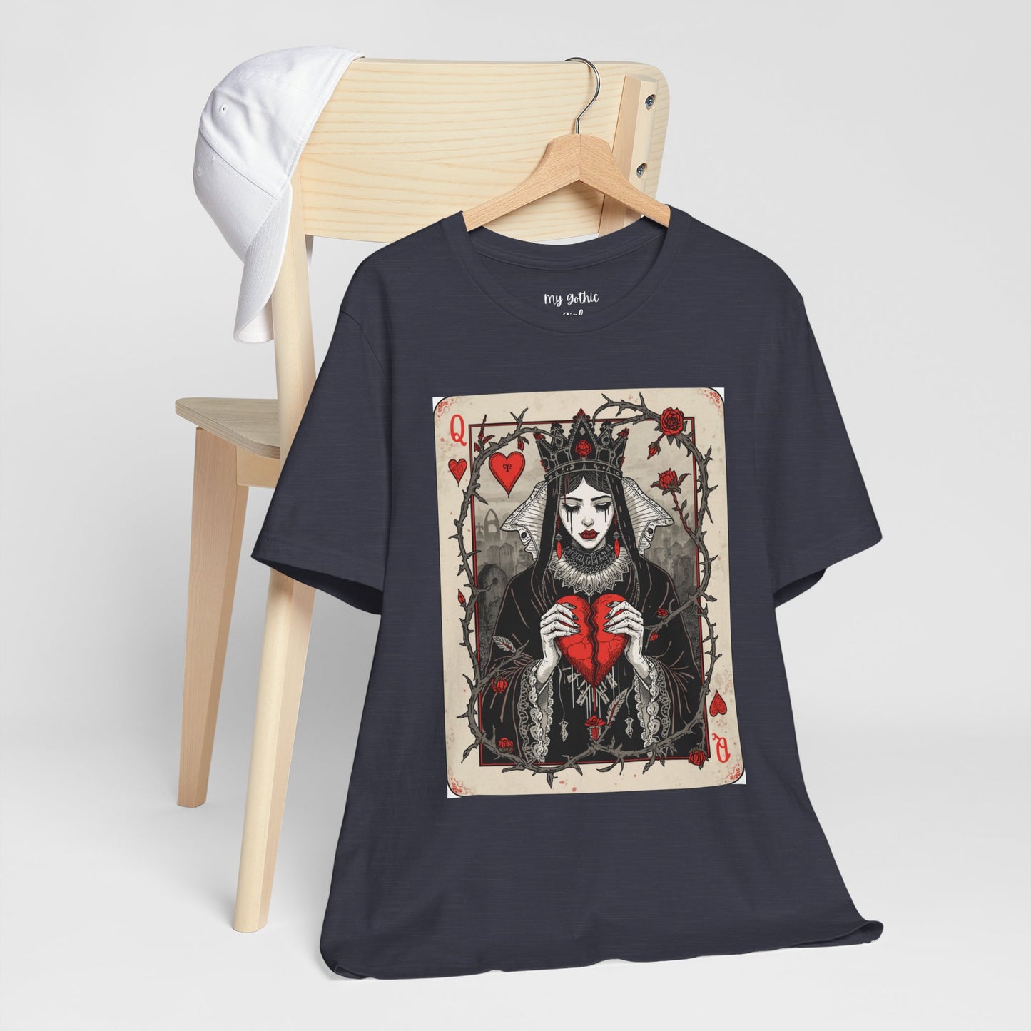 Queen of Hearts Playing Card T-Shirt — Gothic Rose Broken Heart Graphic Tee