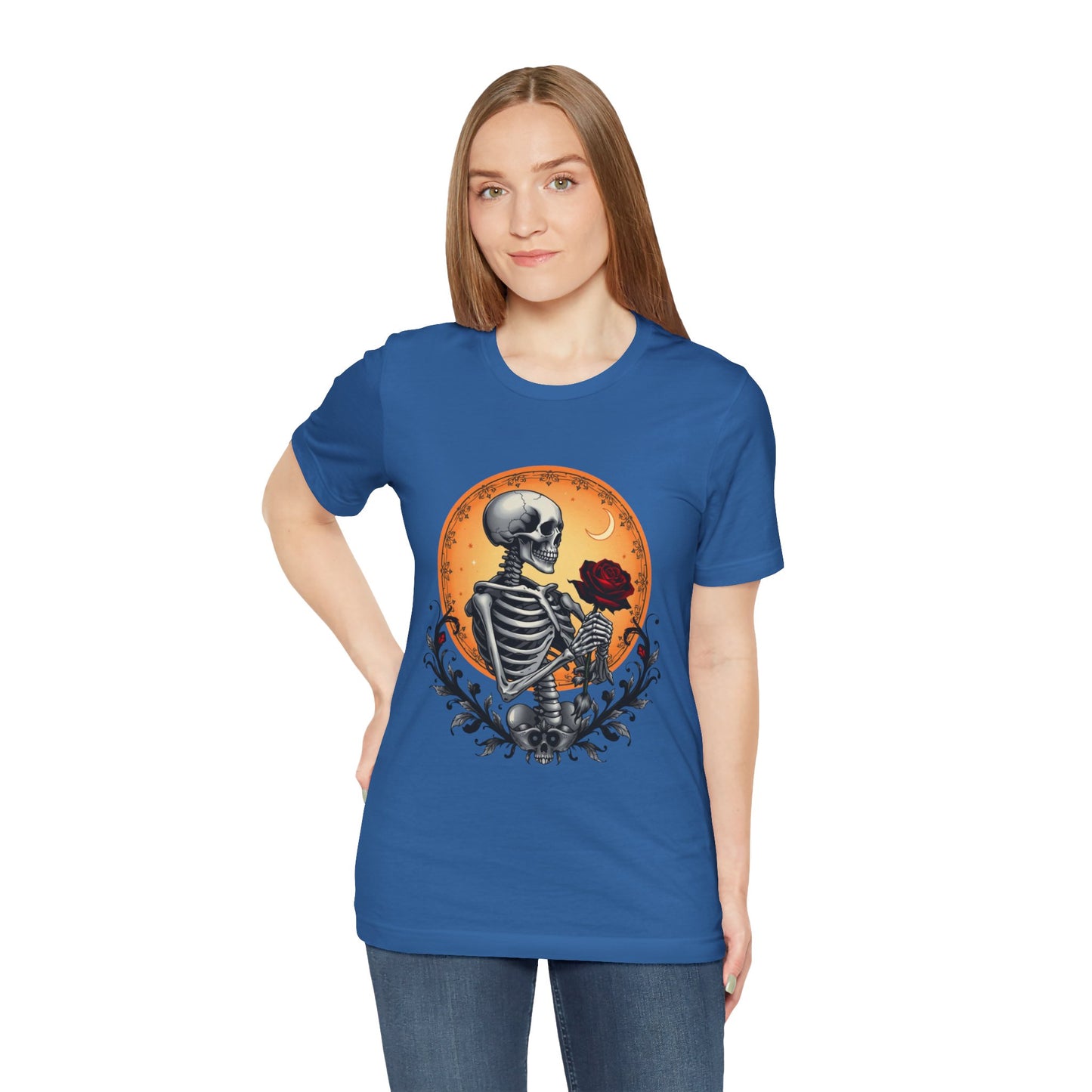 Mystical Gothic Skeleton and Black Rose Under Crescent Moon T-Shirt Design