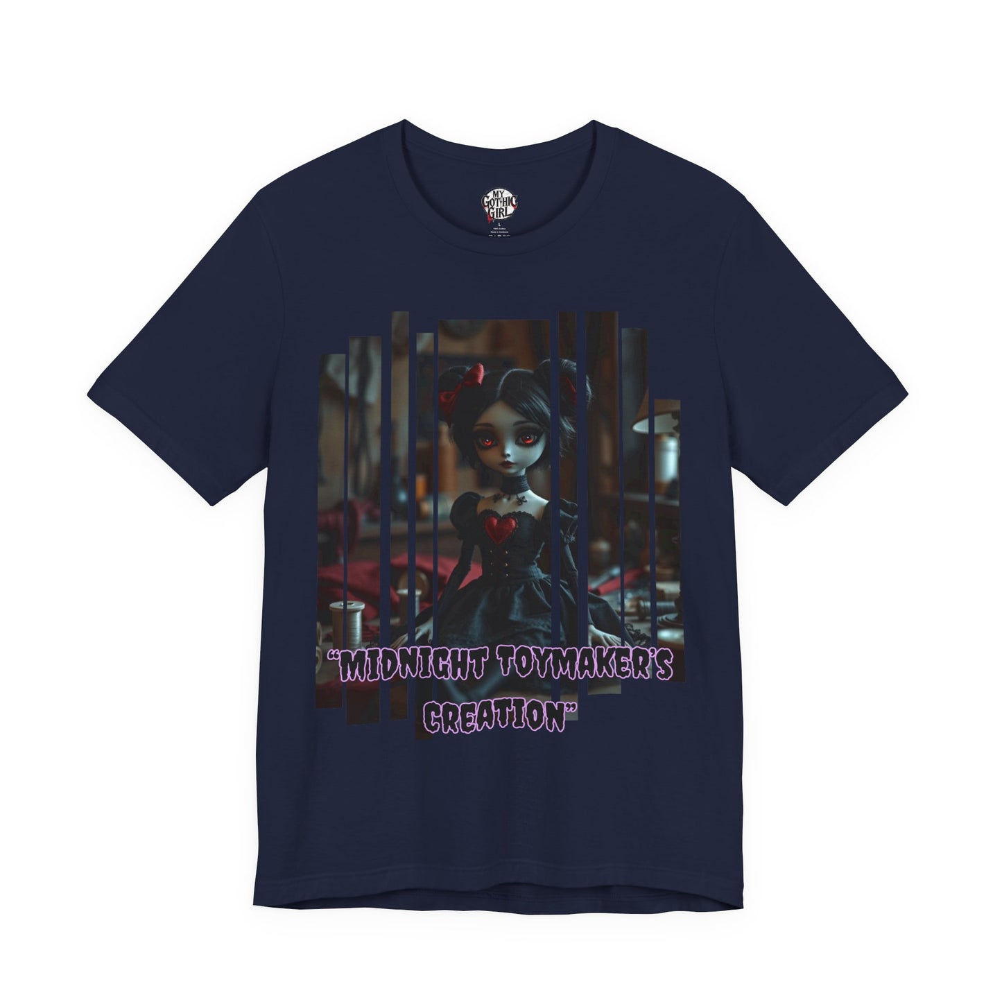 “Midnight Toy-maker's Creation” —hand-stitched Gothic doll Graphic T-Shirt – Alt Aesthetic Poetic Goth Street-wear