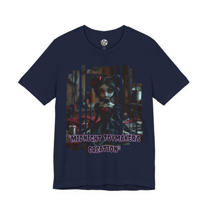 “Midnight Toy-maker's Creation” —hand-stitched Gothic doll Graphic T-Shirt – Alt Aesthetic Poetic Goth Street-wear