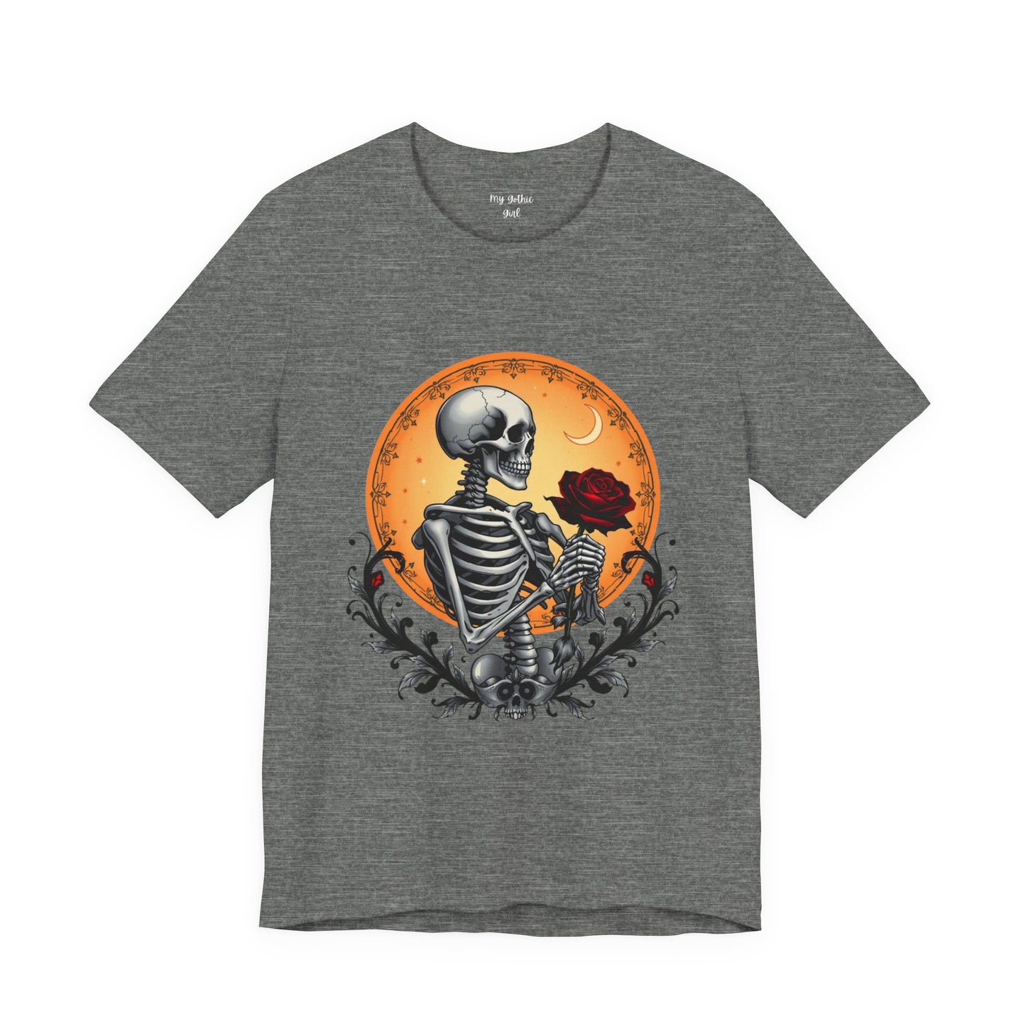 Mystical Gothic Skeleton and Black Rose Under Crescent Moon T-Shirt Design
