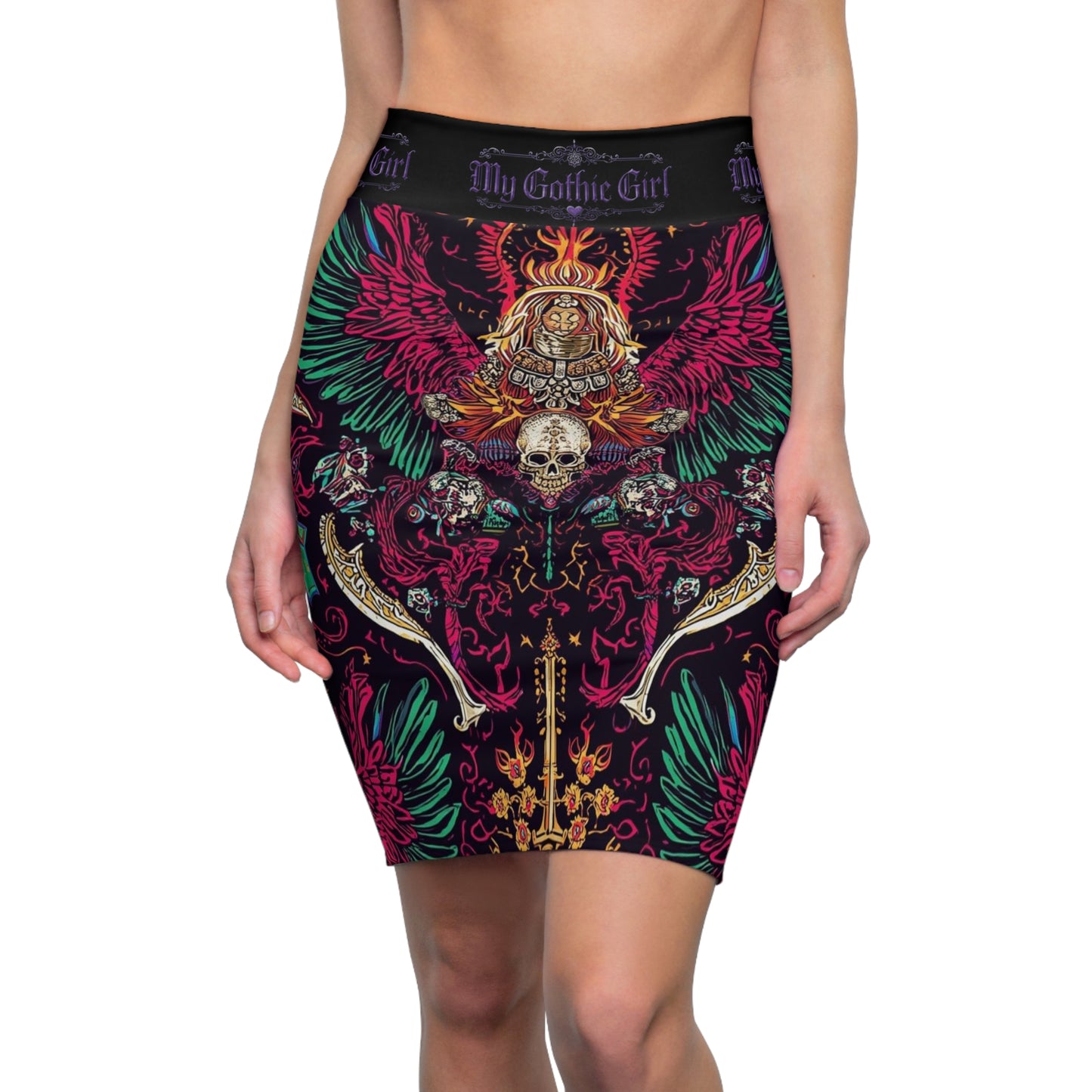Gothic Skull Winged Crest Pencil Skirt – 'My Gothic Girl' AOP