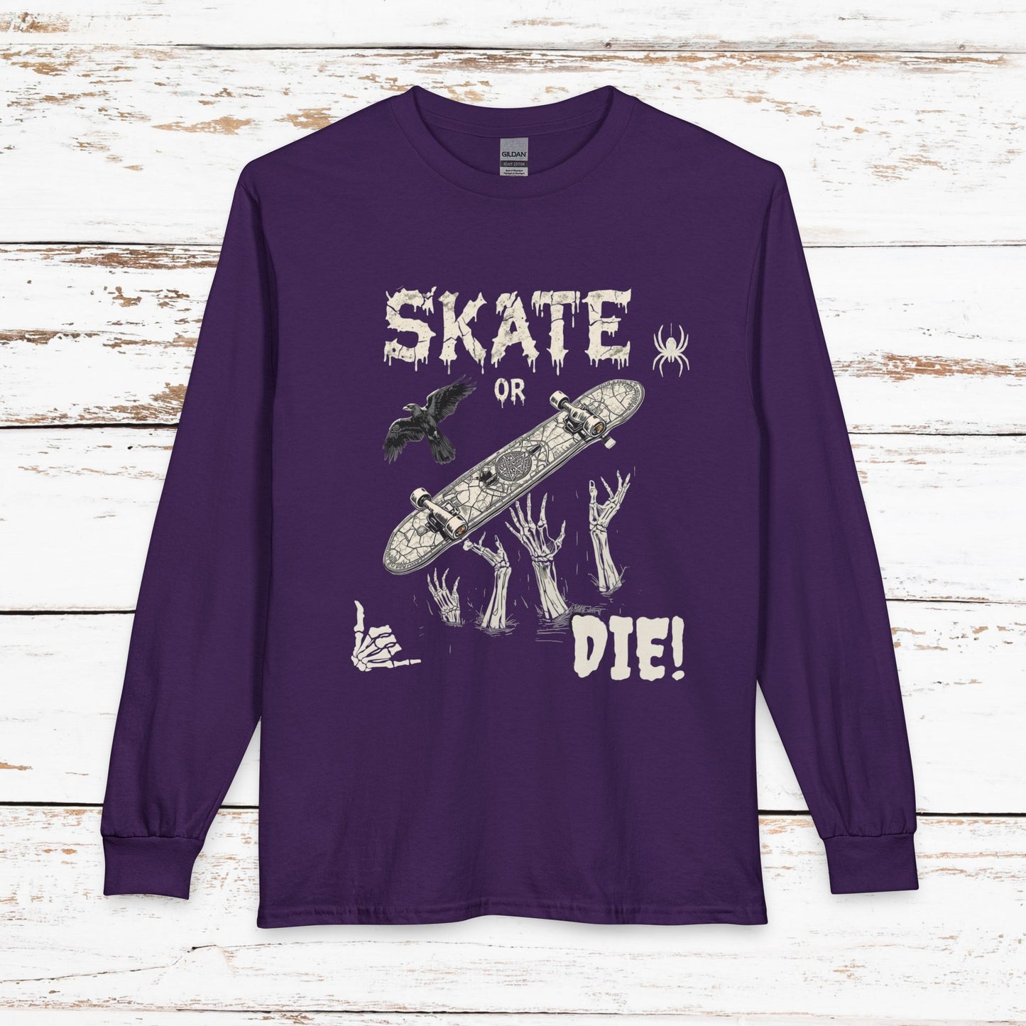 Skate or Die Long Sleeve Shirt — Gothic Skull Skateboard Tee