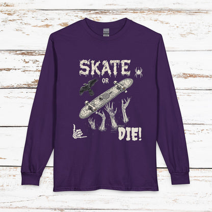 Skate or Die Long Sleeve Shirt — Gothic Skull Skateboard Tee