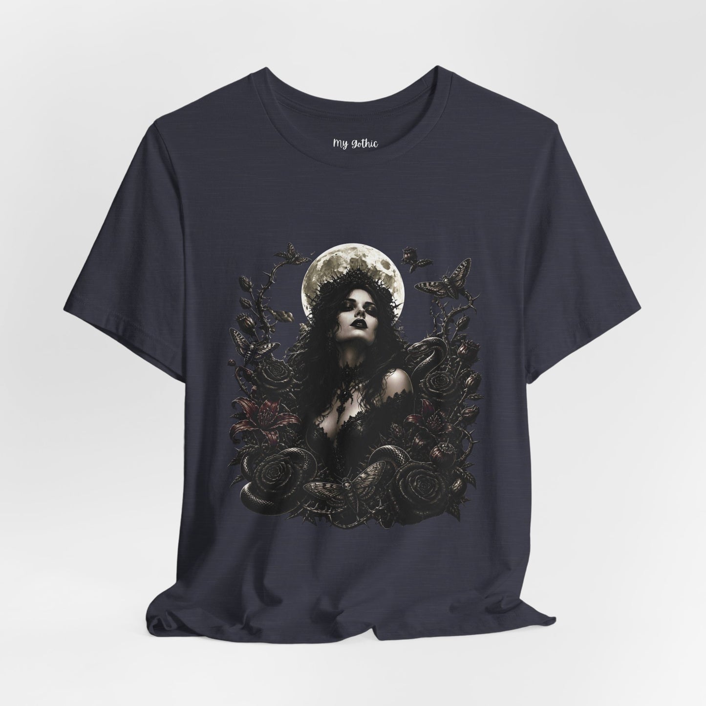 Gothic Moon Goddess Tee – Dark Floral Occult Graphic T-Shirt