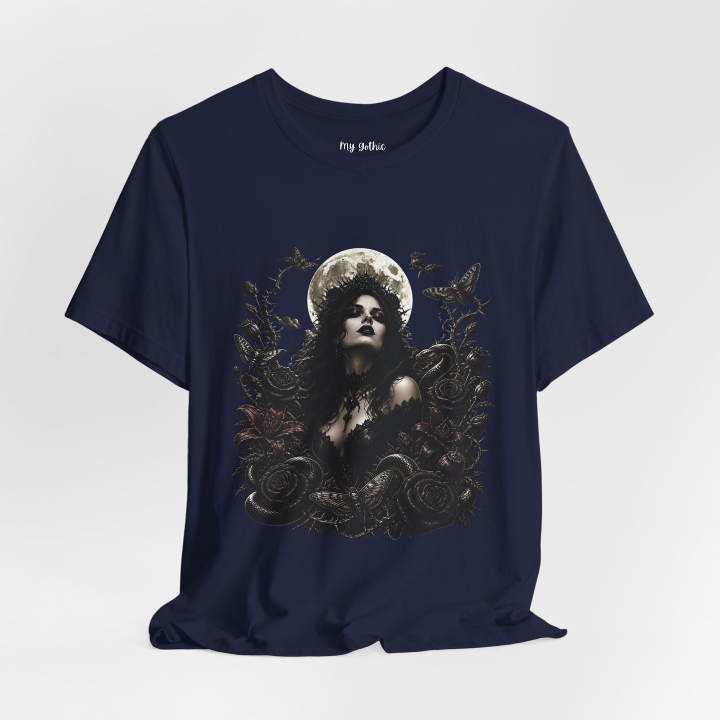 Gothic Moon Goddess Tee – Dark Floral Occult Graphic T-Shirt