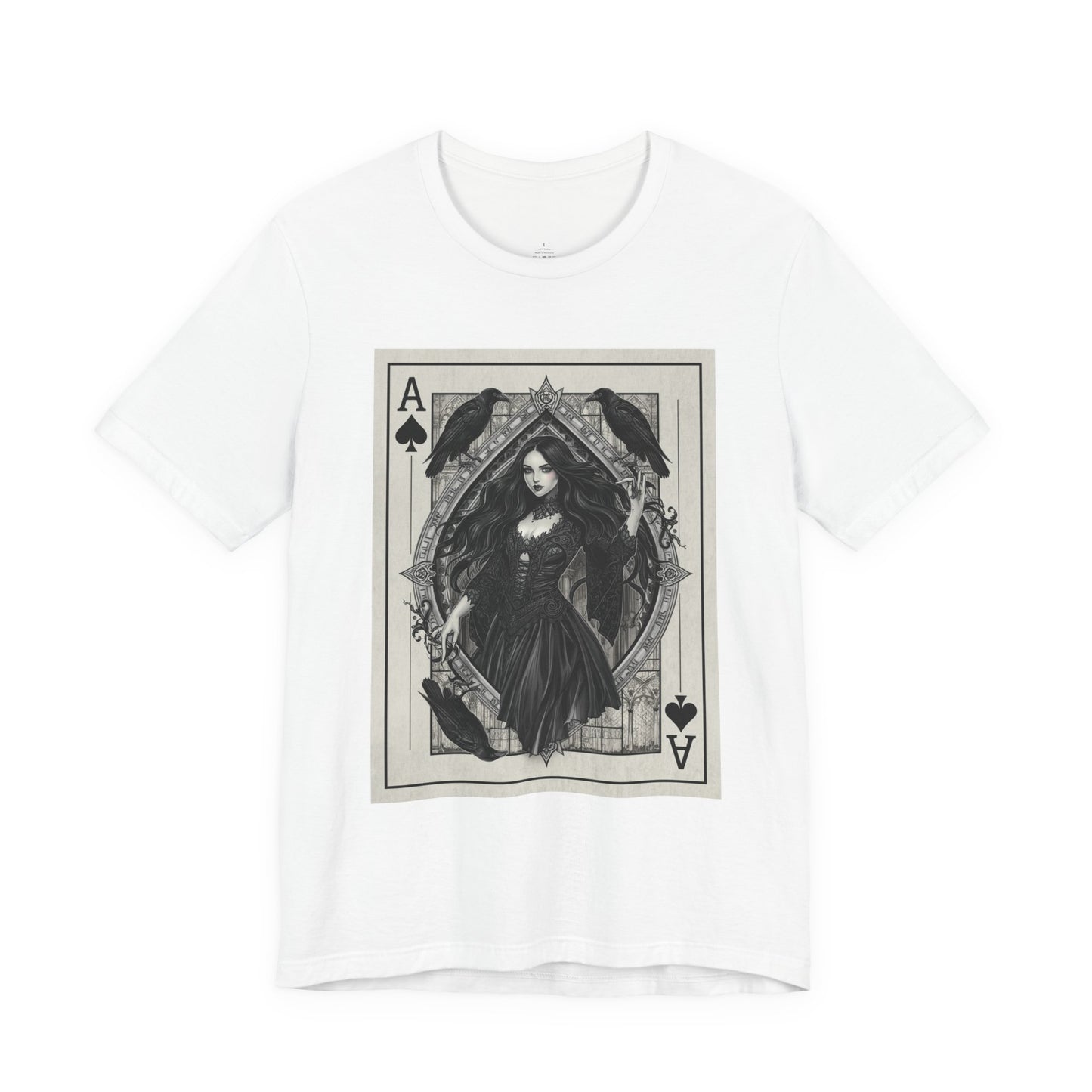 Ace of Spades Gothic Playing Card T‑Shirt — Dark Victorian Witch Illustration