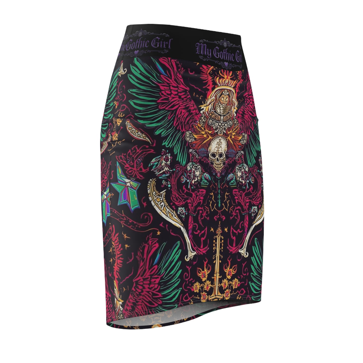 Gothic Skull Winged Crest Pencil Skirt – 'My Gothic Girl' AOP