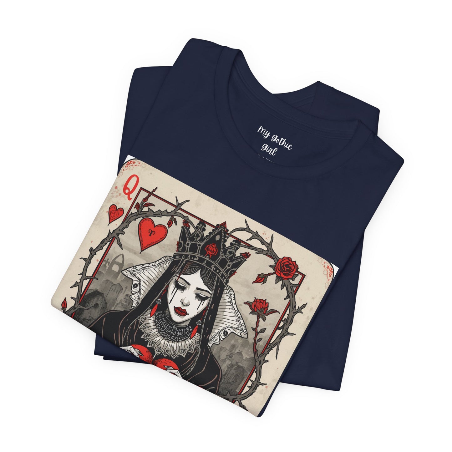 Queen of Hearts Playing Card T-Shirt — Gothic Rose Broken Heart Graphic Tee
