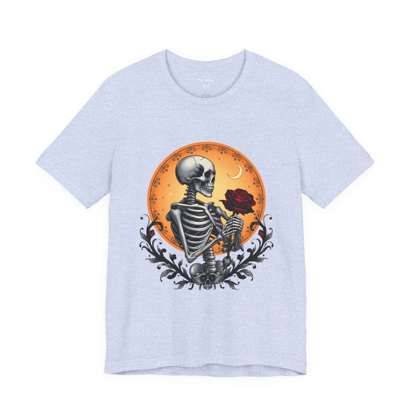 Mystical Gothic Skeleton and Black Rose Under Crescent Moon T-Shirt Design