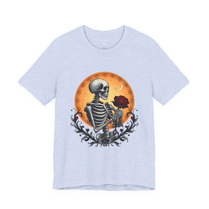 Mystical Gothic Skeleton and Black Rose Under Crescent Moon T-Shirt Design